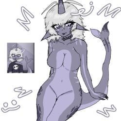 :p big_ass big_breasts big_ears blue_eyes body_markings choker female female_focus female_only finger_claws grey_skin grey_skinned_female hiding_pussy naked_female no_nipples nude oc original_character shark_girl shark_tail sitting skin_pattern solo solo_female solo_focus tail_markings thick_thighs white_background white_hair