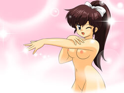 bb blush breasts covering kj_(artist) large_breasts nude nude_cover ranma_1/2 smile ukyo_kuonji wink