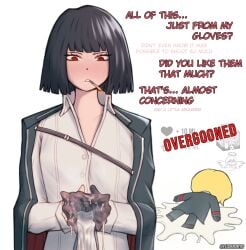 1boy after_ejaculation black_hair blonde_hair blush bob_cut chibi cigarette collarbone collared_shirt commentary cum cum_in_gloves cum_overflow english_commentary english_text female flat_chest glove_spread gloves highres holding holding_gloves holding_unworn_clothes leoderorero limbus_company long_hair long_sleeves looking_at_viewer male open_mouth pants project_moon red_eyes ringed_eyes ryoshu_(limbus_company) ryoshu_(project_moon) shirt short_hair simple_background sinclair_(limbus_company) sinclair_(project_moon) single_glove smoking steam straight sweat twitter_username unworn_gloves very_long_hair white_background white_shirt