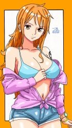 1girls adult adult_female arm_tattoo bare_chest bare_hands bare_shoulders bare_skin bare_thighs belly belly_button big_breasts bikini bikini_top breasts busty busty_female cleavage clothing collarbone earrings exposed_chest exposed_shoulders exposed_skin exposed_thighs female female_focus female_only high_resolution highres hourglass_figure jean_shorts large_breasts lean_figure lips long_hair looking_at_viewer mature mature_female midriff nami nami_(one_piece) narrow_waist navel one_piece orange_background orange_eyebrows orange_eyes orange_eyes_female orange_hair orange_hair_female shoulders simple_background slender_body slender_waist slim_waist solo standing string_bikini swimsuit swimwear tattoo tattoo_on_arm tattooed_arm thick_thighs thighs upper_body wavy_hair white_background wide_hips zeroart924