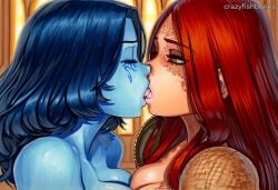 2025 2girls ai_generated artist_name blue_hair blue_skin blush breasts colored_skin crazyfishbones long_hair malenia_blade_of_miquella multiple_girls red_hair yuri