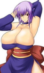 1girls amano_mokuzu ayane_(doa) breasts cleavage dead_or_alive female hair huge_breasts human human_only japanese_clothes purple_hair red_eyes solo white_background