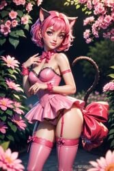 1girls ai_generated animal_ears artist_name bare_shoulders blurry bow bow_legwear bowtie breasts cat_ears cat_girl cat_tail choker cleavage closed_mouth depth_of_field dress earrings female flower garter_straps hi_res ichigo_momomiya jewelry lace lace-trimmed_legwear lace_trim lingerie lips looking_at_viewer medium_breasts mew_ichigo mole nail_polish nose outdoors panties pink_bow pink_bowtie pink_choker pink_dress pink_eyes pink_flower pink_hair pink_lips pink_nails pink_panties pink_ribbon pink_theme pink_thighhighs progenarts ribbon short_dress short_hair smile solo standing strapless strapless_dress tail thighhighs tokyo_mew_mew underwear watermark web_address