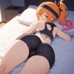 ai_generated ass bandana bike_shorts ginger glasses green_eyes ponytail small_breasts sports_bra thighs