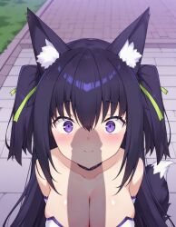 1boy ai_generated animal_ear_fluff animal_ears bare_shoulders black_hair blush breasts choker cleavage closed_mouth female fox_ears fox_girl fox_tail from_above green_ribbons guild_cq hair_ribbon kuroyaex large_breasts long_hair looking_at_viewer male outdoors penis penis_awe purple_eyes purple_hair quon_tama ribbon smile solo_focus straight tail two_side_up virtual_youtuber