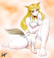 1futa animal_ears balls blonde_hair blush bottomless bra breasts censored cleavage curvy cute flaccid futa_only futanari garter_belt hair intersex large_breasts large_penis lingerie penis solail_(faya) solo_futa tail thighhighs underwear yellow_eyes