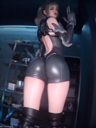 1girls 2025 3d ass ass_shot back_cutout bare_back bare_thighs belted_boots big_ass blonde_hair blue_eyeliner blue_eyes breasts checkpik cleavage clothed clothed_female covered_nipples detailed_background eyeliner female female_only finger_gun fit fit_female futuristic futuristic_clothing gloves highly_detailed indoors ines_(the_first_descendant) ines_raya knee_high_boots kneehigh_boots legs_apart leotard light_makeup lipstick long_hair looking_at_viewer looking_back looking_back_at_viewer medium_breasts official_alternate_costume pink_lipstick ponytail rear_view romper shiny_skin shorts shoulder_gloves sideboob skimpy skimpy_clothes smile solo standing the_first_descendant tied_hair tight_shorts winged_eyeliner