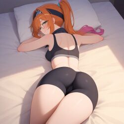 ai_generated ass bandana bike_shorts ginger glasses green_eyes ponytail small_breasts sports_bra thighs