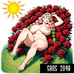 ai_generated curvy_figure green_eyes grey_hair kanroji_mitsuri kimetsu_no_yaiba mitsuri_kanroji pink_hair pink_hair_female red_rose rose rose_(flower) sans_2048