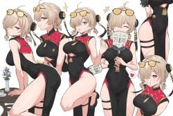absurdres ahoge bare_arms bare_shoulders black_dress black_shoes blonde_hair breasts china_dress chinese_clothes closed_eyes closed_mouth clothing_cutout commentary covered_navel covering_own_mouth dress eyewear_on_head female from_side grin hair_over_one_eye hand_fan highres holding holding_fan large_breasts leg_up medium_hair multiple_views no_panties pelvic_curtain profile purple_eyes red_dress shoes simple_background skindentation sleeveless sleeveless_dress smile standing standing_on_one_leg sunglasses sweety_(zenless_zone_zero) symbol-only_commentary thigh_strap thighs tinkie tinted_eyewear twintails two-tone_dress underboob_cutout white_background yellow-tinted_eyewear zenless_zone_zero