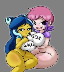 2girls big_ass big_breasts blue_hair bottomless jascoe-sauce lady_bone_demon lego_minifigures lego_monkie_kid makeup pink_hair ramona_flowers scott_pilgrim shortstack sitting thick_ass thick_thighs