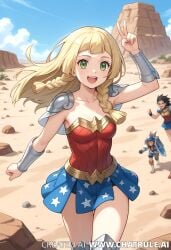 ai_generated armor armored_female blonde_hair desert female lillie_(pokemon) lv99slime peace_sign pokemon wonder_woman wonder_woman_(cosplay) wonder_woman_(series)