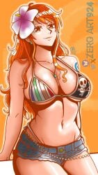 1girls adult adult_female arm_tattoo bare_arms bare_belly bare_chest bare_hands bare_midriff bare_navel bare_shoulders bare_skin bare_thighs belly belly_button big_breasts bikini bikini_bottom bikini_top breasts busty busty_female cleavage clothing collarbone curvaceous curvaceous_body curvaceous_female curvaceous_figure curvaceous_hips curvy curvy_body curvy_female curvy_figure curvy_hips earrings exposed_arms exposed_belly exposed_chest exposed_midriff exposed_navel exposed_shoulders exposed_skin exposed_thighs female female_focus female_only flower flower_hair_ornament flower_in_hair flower_on_head hair_ornament high_resolution highres hourglass_figure jean_shorts jeans large_breasts lean_figure lips long_hair looking_at_viewer mature mature_female midriff nami nami_(one_piece) narrow_waist navel necklace one_piece orange_background orange_eyebrows orange_eyes orange_eyes_female orange_hair orange_hair_female shoulders simple_background sitting slender_body slender_waist slim_waist solo string_bikini swimsuit swimwear tattoo tattoo_on_arm tattooed_arm thick_thighs thighs upper_body wide_hips zeroart924