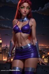 1girls ai_generated boomerang_(tv_network) bra breasts cartoon_network dc dc_comics female green_eyes hi_res koriand'r linea_alba lips long_hair looking_at_viewer medium_breasts miniskirt navel night night_sky orange_skin outdoors panties pantyshot patreon_username progenarts purple_bra purple_panties purple_thighhighs red_hair skirt sky solo standing star_\\\\\\\\(sky\\\\\\\\) starfire superhero superheroine teen_titans thighhighs toned underwear warner_brothers web_address