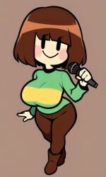 4_fingers aged_up ai_generated bangs black_eyes blush_stickers bob_cut brown_boots brown_hair brown_pants busty cartoony chara chara_(undertale) chibi clothed curvy female long_sleeves microphone pale_skin pixai shoulder_length_hair simple_background slim_waist solo striped_shirt striped_sweater thick_outline undertale undertale_(series)