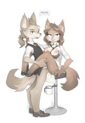 absurd_res anthro blue_eyes bodily_fluids bra_down canid canine choecoga clothed clothing cum cum_collecting cum_in_pussy cum_inside duo female furry genital_fluids green_eyes hair hi_res holding_body humanoid korean_text looking_at_viewer male male/female partially_clothed sex sitting standing standing_sex text tied_hair