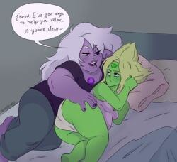 amethyst_(steven_universe) annoyed bed bedroom blush blush_lines cartoon_network child_bearing_hips english_text green-skinned_female imminent_sex panties peridot_(steven_universe) pregnancy pregnant pregnant_female self_upload sex_request steven_universe sweat text zippitydont