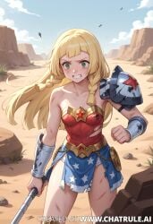 ai_generated angry armor armor_break armored_female blonde_hair clothing_damage damaged_clothes desert female fight hurt injured injury lillie_(pokemon) lv99slime pokemon sand spear wonder_woman wonder_woman_(cosplay) wonder_woman_(series)