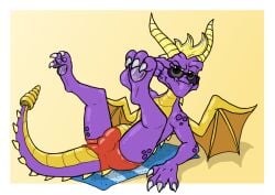 activision anthro balamoo beach_towel bottomwear bulge claws clothed clothing countershading dragon eyewear finger_claws looking_at_viewer male male_only markings membrane_(anatomy) membranous_wings mythological_creature mythological_scalie mythology paws purple_body purple_scales scales scalie shorts skimpy skimpy_bottomwear solo spots spotted_body spyro spyro_the_dragon sunglasses swimwear toe_claws towel wings