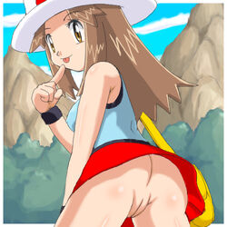 anus ass back bag breasts brown_eyes brown_hair erect_nipples female female_only hat human human_only leaf_(pokemon) long_hair looking_back lowres miniskirt nipples no_panties no_panties_under_skirt pokemoa pokemon pokemon_frlg pokemon_rgby pussy skirt smile solo straight_hair tongue uncensored