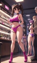 ai_generated brothel brown_hair large_breasts pink_outfit prostitute purple_eyes wine