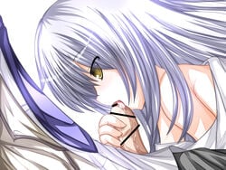 1boy 1girls angel_beats! bar_censor blue_hair blush foreskin highres kanade_tachibana licking long_hair necktie penis saliva school_uniform tachibana_kanade tenshi_(angel_beats!) tie tongue yellow_eyes