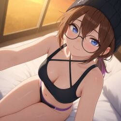 ai_generated beanie blue_eyes brown_hair glasses panties ponytail small_breasts sports_bra thighs