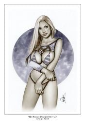 1girls alex_miranda big_breasts bikini blonde_hair closed_mouth emma_frost english_text female female_focus female_only long_hair marvel marvel_comics moon standing swimsuit text traditional_media traditional_media_(artwork) white_background white_queen x-men