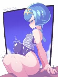 1girls ambiguous_penetration ass blue_eyes blue_hair blush female human kaikoinu lana_(pokemon) leotard one-piece_swimsuit open_mouth pokemon pokemon_(anime) pokemon_(game) pokemon_sm pussy squatting swimsuit swimwear thick_thighs thighs