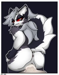 1boy 1girls anthro anthro_penetrated bodily_fluids canid canid_demon canine cum cum_in_pussy cum_inside demon duo female fingerless_gloves furry genital_fluids genitals hellhound helluva_boss hi_res human human_on_anthro human_penetrating human_penetrating_anthro humanoid_genitalia humanoid_penis interspecies looking_at_partner looking_at_viewer looking_back loona_(helluva_boss) male male/female mammal mythological_canine mythological_creature mythology on_bottom on_top penetration penis pussy reverse_cowgirl_position sex smile spiked_collar two_tone_body two_tone_fur two_tone_tail vaginal_penetration velixx wolf wolf_girl
