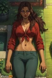 1girls ai_generated amida_arca artist_name blue_eyes breasts brown_hair cleavage collarbone crop_top dark-skinned_female dark_skin denim earrings female front-tie_top grass gundam gundam_tekketsu_no_orphans hi_res hoop_earrings jeans jewelry large_breasts lipstick long_hair looking_at_viewer lying makeup midriff navel on_back outdoors pants plant red_lips red_shirt rule34lab shade shirt smile solo tied_shirt
