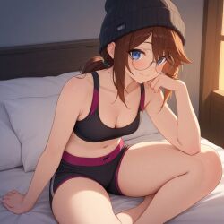 ai_generated beanie blue_eyes brown_hair glasses ponytail shorts small_breasts sports_bra thighs