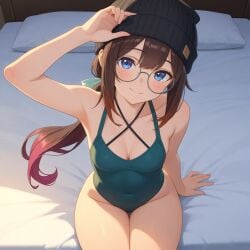 ai_generated beanie blue_eyes brown_hair from_above glasses one_piece_swimsuit ponytail small_breasts thighs