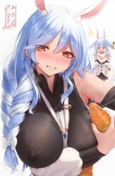 2girls animal_ears armpit_crease armpit_focus armpits bare_shoulders blue_hair blush breasts carrot covered_erect_nipples highres holding holding_carrot hololive large_breasts long_sleeves looking_at_viewer mature_female mother_and_daughter multiple_girls open_mouth padoruu parted_lips pekomama rabbit_ears rabbit_girl red_eyes simple_background smile solo_focus sweat teeth thick_eyebrows twitter_username usada_pekora virtual_youtuber white_background