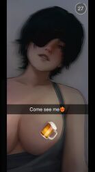 big_breasts blurry breasts breasts breasts caption censored chainsaw_man denji_(chainsaw_man) drunk drunk_female eye_patch eyepatch female female_focus female_only flashing flashing_breasts green_hair himeno_(chainsaw_man) meemo.psd message nude nude_female nudes patreon seductive snapchat text voluptuous