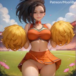 ai_generated black_eyes black_hair cheerleader curvy_figure exposed_pussy female momo_yaoyorozu mooriby my_hero_academia pussy