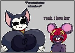 big_breasts black_eyes black_fur black_nipples brawl_stars cat cat_collar cat_ears cat_girl cat_humanoid english_text feline gloves grabbing_own_breast grabbing_own_breasts gray_background holding_breast holding_breasts kit_(brawl_stars) looking_at_another mask masked masked_male moe_(brawl_stars) open_mouth open_mouth_smile overalls pink_nose rat rat_ears red_mask rifurabbit rodent rodent_humanoid rule_63 simple_background spanish_text supercell tagme text white_gloves white_pupil white_pupils