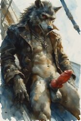 adam360 ai_generated anthro balls canid canine canis erection furry hybrid_penis knot knotted_humanoid_penis knotted_penis male male_only penis pirate red_eyes shistavanen skeleton_crew star_wars werewolf wolf
