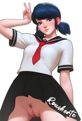 ai_generated blue_eyes exposed_pussy female ladybug_(character) looking_at_viewer marinette_cheng marinette_dupain-cheng miraculous_ladybug peace_sign pubic_hair rousherte school_uniform skirt_lift solo_female solo_focus tagme tie twin_buns
