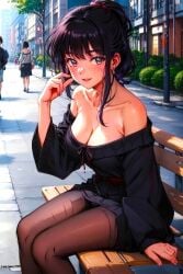 1girls ai_generated anime anime_girl anime_style babe beautiful_females black_hair black_sweater blushing breasts buildings city cleavage collarbone curvy fantasy female_focus inuyasha kikyo looking_at_viewer lovely modern_setting off_shoulder_sweater people_in_background plant posing priestess sexy_body shonen_jump sidelocks smiling solo street toongenai tree wood wooden_chair