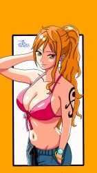 1girls adult adult_female arm_tattoo belly belly_button big_breasts bikini bikini_top breasts busty busty_female cleavage closed_mouth_smile clothing collarbone elbows female female_focus female_only front-tie_bikini front-tie_bikini_top high_resolution highres large_breasts lean_figure lips long_hair looking_at_viewer mature mature_female midriff nami nami_(one_piece) narrow_waist navel one_piece orange_eyebrows orange_eyes orange_eyes_female orange_hair orange_hair_female ponytail shoulders simple_background slender_body slender_waist slim_waist smile smiley_face smiling smiling_at_viewer smirk solo standing string_bikini swimsuit swimwear tattoo tattoo_on_arm tattooed_arm upper_body wavy_hair zeroart924