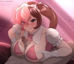 1boy 1girls alternate_hairstyle artist_name big_breasts big_penis bikini_top_only biting_lip biting_own_lip breasts brown_eyes brown_hair busty censored cleavage female hair_ribbon hi_res large_breasts looking_at_viewer maid maid_headdress male naughty_face neo_(rwby) paizuri penis pink_eyes pink_hair pose posing pov rwby self_fondle smile solo twintails voluptuous