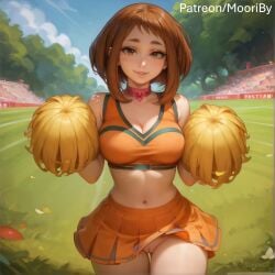 ai_generated boku_no_hero_academia breasts brown_eyes brown_hair cheerleader curvy female mooriby my_hero_academia ochako_uraraka orange_shirt orange_skirt pussy