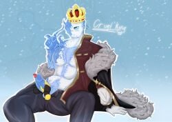 2boys block_tales blowjob blue_background blue_eyes blue_hair blush body_hair character_name chubby crown cruel_king_(block_tales) disembodied_hands disembodied_tongue embarrassed embarrassed_male freaky_cruel_king_before_gta6 gay gloves half_dressed handjob hands_on_penis holding_penis ice king letsmeguideyou male male_only player_(block_tales) roblox roblox_game robloxian spread_legs yaoi yellow_hands