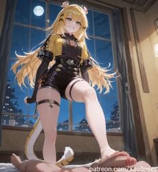ai_generated black_shirt black_shorts cropped_jacket footjob grin jacket ju_fufu long_sleeves patreon patreon_username shirt shorts thigh_strap tiger_ears tiger_girl tiger_tail xzollosez yunkui_summit zenless_zone_zero