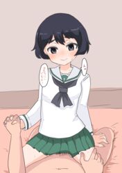 1boy black_hair blush clothed_sex cowgirl_position female flat_chest girls_und_panzer school_uniform sex short_hair text utsugi_yuuki vaginal_penetration yukihyou_(blue_0129)