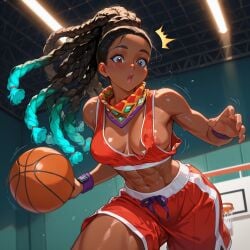 1girls abs accidental_exposure ai_generated basketball basketball_(ball) basketball_uniform breasts breasts_out brown_skin c.c.leah enf exhibitionism exposed_breasts exposure fit fit_female indoors jersey kimberly_jackson nipple solo sport sportswear street_fighter street_fighter_6 sweaty tomboy toned voyeur wardrobe_malfunction