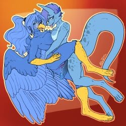 absurd_res alexandria_vega_(sterlingskies) anthro avian bird corvid corvus_(genus) dragon duo female futanari gynomorph hi_res intersex intersex/female mythological_creature mythological_scalie mythology nitrods oscine passerine raven scalie tagme vee_(sterlingskies)