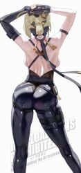 1girls absurdres arm_strap arms_up ass asymmetrical_gloves back backboob black_gloves black_pants breasts contrapposto elbow_gloves evelyn_chevalier facing_away female from_behind gloves hair_ornament highres holster large_breasts mismatched_gloves own_hands_together pants simple_background single_elbow_glove solo standing thigh_holster topless_female uenoryoma watermark white_background zenless_zone_zero