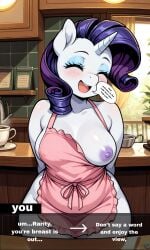ai_generated apron apron_only closed_eyes english_text female friendship_is_magic game_decision hands_behind_back hasbro horn make_a_choice mammal my_little_pony my_little_pony_friendship_is_magic nude one_breast_out open_mouth open_smile pink_apron pony pov purple_hair purple_nipples rarity_(mlp) snout solo text thick_thighs typo white_body wide_hips